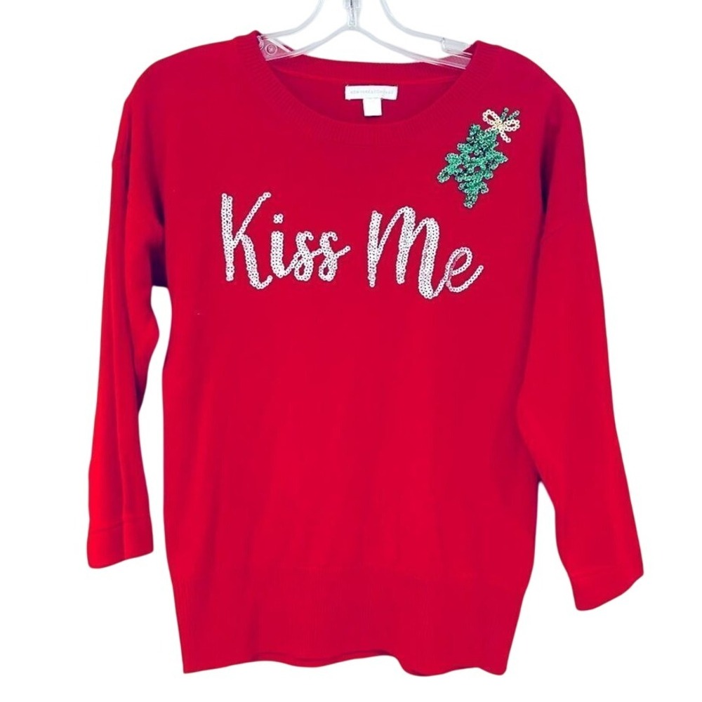 New York &‎ Company Kiss Me Crewneck Sweater Women's XS Red Sequin Mistletoe